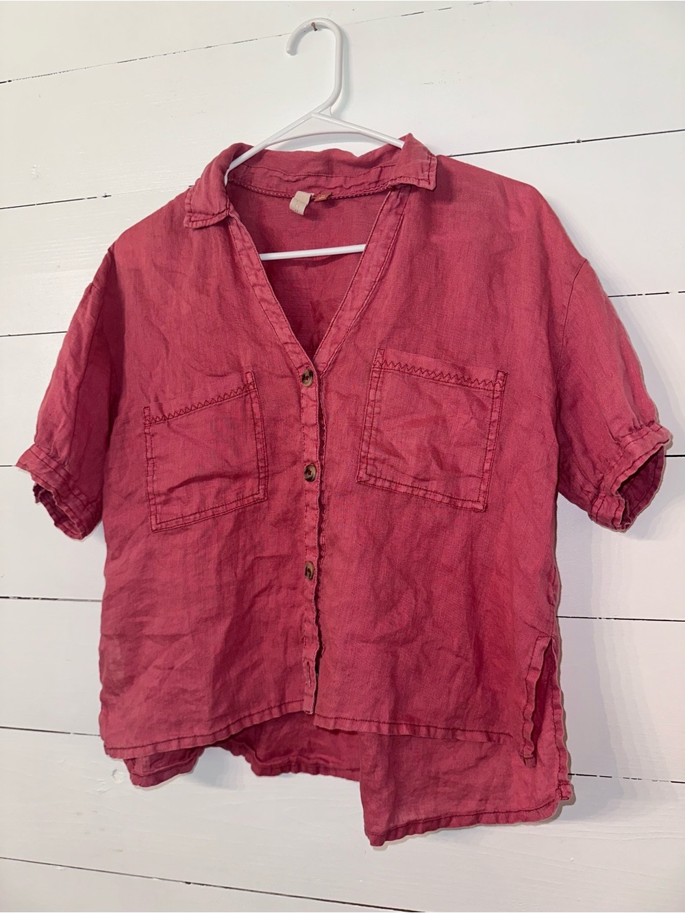 Pilcro Short-Sleeve Button Front Top in Rose Pink